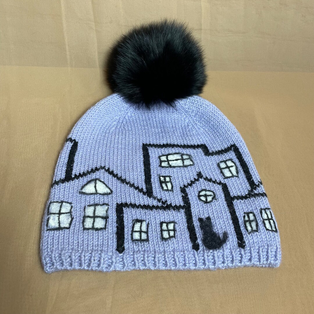Handmade Knit Wool Hat With Houses and Real Fox Detachable 