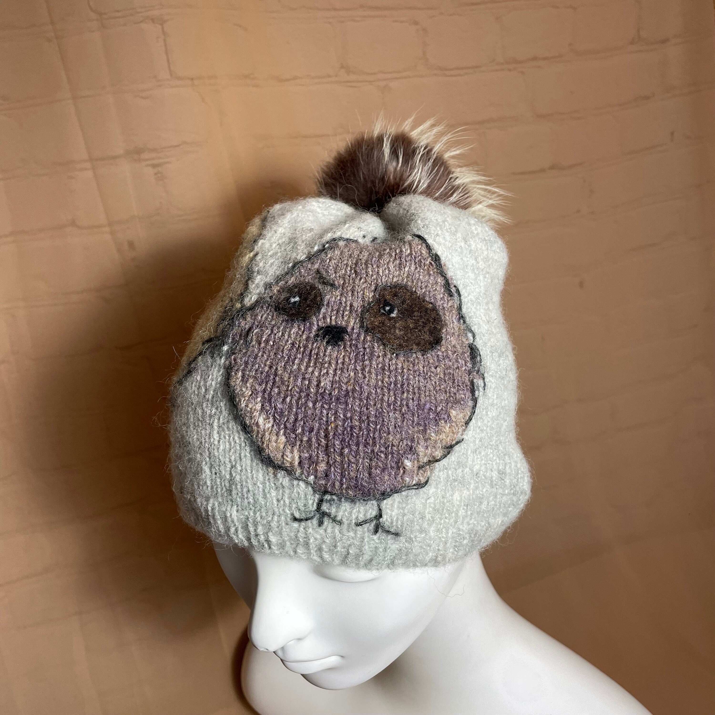 Handmade Knit Wool Hat With 2 Friendly Owls and Real Fox  display picture 2