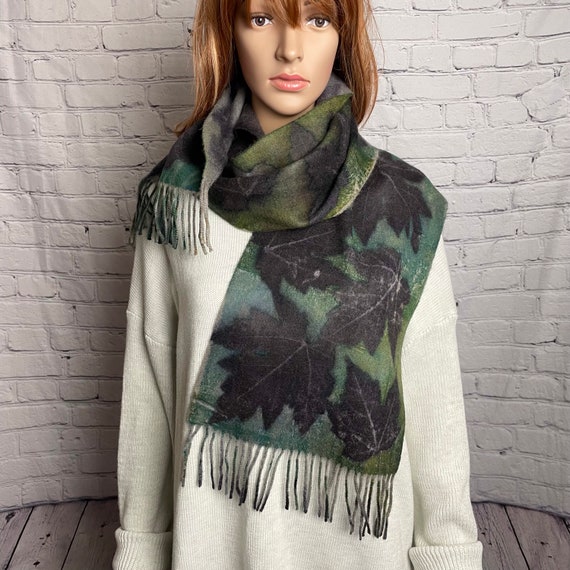 Eco print natural woven wool scarf with silk hand dyed Tender leaves
