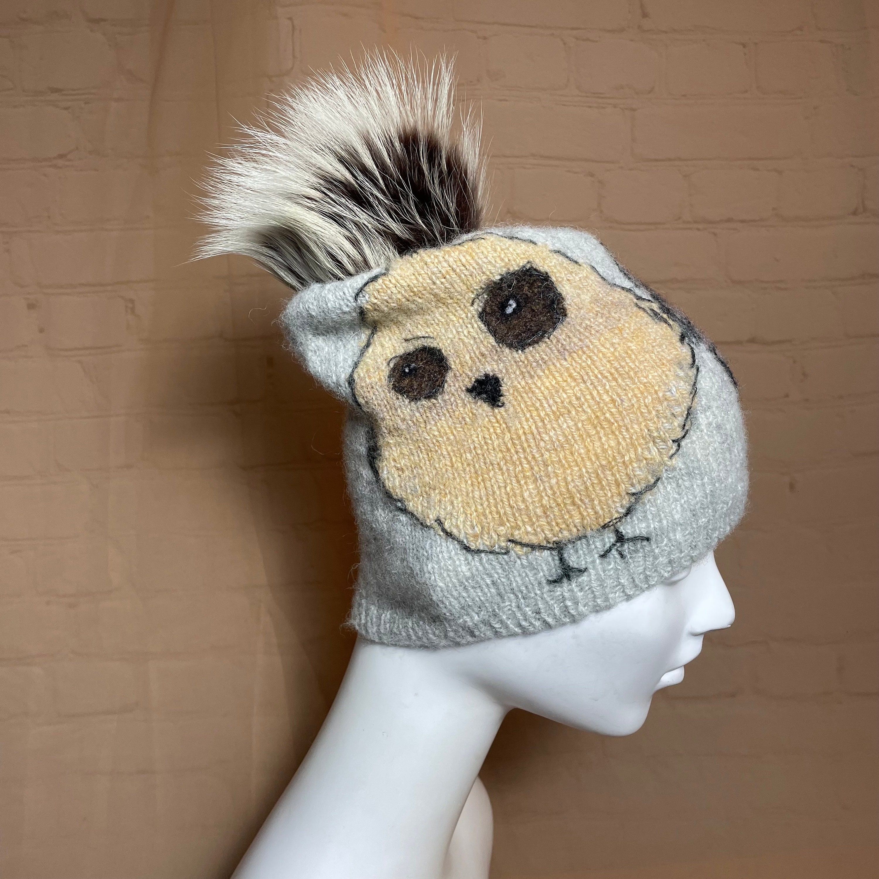 Handmade knit wool hat with 2 friendly owls and real fox detachable pompom