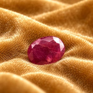 May include: An oval-shaped, faceted gemstone with a deep red color. The stone features a polished surface with multiple geometric facets that reflect light, showcasing a translucent, saturated crimson hue throughout its structure.
