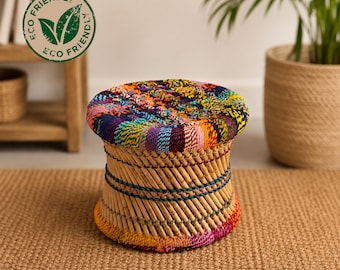 Handmade Eco-friendly lightweight wooden bamboo Stool. Sturdy natural traditional handcrafted rattan Chair. Minimalist artisanal round seat.