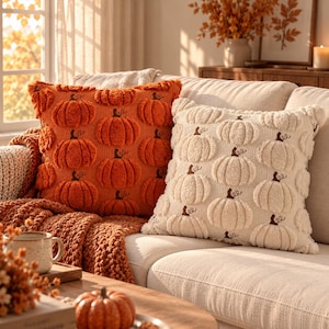 Kürbis-Kissenbezug, getuftetes Herbst-Dekokissen, strukturierter Herbst-Kissenbezug, gemütliche Cottagecore-Wohndeko, Thanksgiving-Kissen