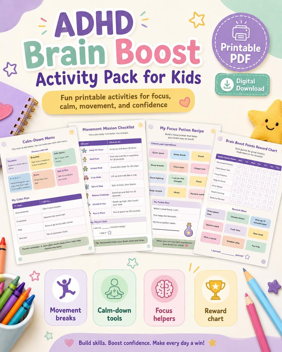 ADHD Brain Boost Activity Pack for Kids, Printable Focus, Movement ...