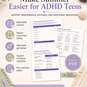 ADHD-sommarplanerare för tonåringar, exekutiva funktioner, skärmtid, dopaminmeny (PDF)