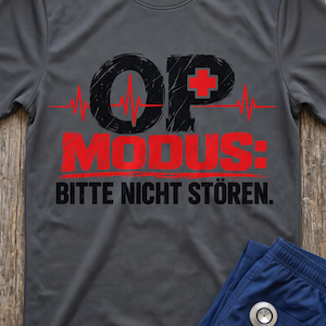 Könnte beinhalten: Ein anthrazitfarbenes Kurzarm-T-Shirt mit dem schwarzen Schriftzug OP, einem roten medizinischen Kreuz, einer roten Herzschlaglinie, dem roten Schriftzug MODUS: und dem schwarzen Text BITTE NICHT STÖREN. Das Shirt liegt neben einer blauen Arbeitshose und einem Stethoskop.