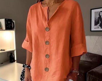 Damen Knopfleiste Shirt, lässige Bluse mit V-Ausschnitt, lockere Passform Alltag Sommer Top