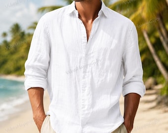 Camisa masculina de algodão e linho: Camisa leve de verão com botões para férias na praia