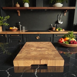 May include: A rectangular end-grain wooden cutting board with a natural light brown finish and a visible block pattern. The board features a thick construction with integrated side handles and rests on a dark black marble countertop surface.