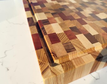 Tagliere di lusso a mosaico 40x30 cm – Noce, Pero, Acero, Frassino, Quercia, Quercia Rossa, Acacia, Legno di Testa / Tagliere da Macellaio Fatto a Mano