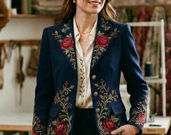 Abrigo de lana azul marino bordado para mujer, chaqueta con bordado floral a mano, elegante blazer vintage personalizado.