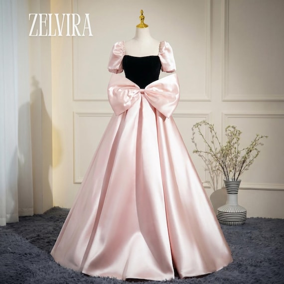 pink coquette prom dress Coquette Pink Satin Bow Gown | Princess Ball Dress Fairycore Prom Dress |  Couture Formal