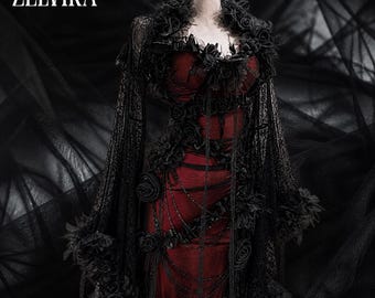 Abito gotico rosso e nero con corsetto, abito vittoriano da vampira, abito da sposa dark romance.