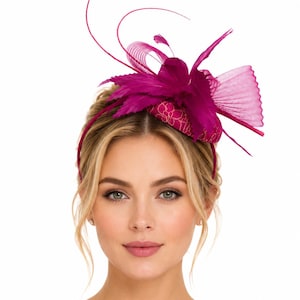 May include: A magenta fascinator headband featuring a circular base with a gold floral lace overlay. The headpiece is adorned with a cluster of magenta feathers, a stiffened mesh bow, and thin, curved quill accents that extend upwards and outwards.