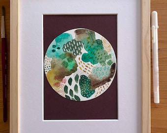 Abstraktes Aquarell „Waldspaziergang“, rund, Originalkunstwerk 5x7, Passepartout 8x10