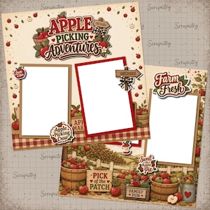 May include: A digital scrapbook layout kit featuring apple orchard themes with blank photo frames, red and brown accents, and text elements including Apple Picking Adventures, Farm Fresh, Pick of the Patch, and Sweet As Apple Pie on a grid background.