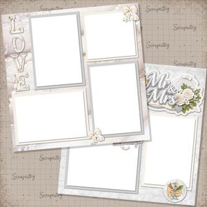 May include: A digital scrapbook layout template featuring multiple white rectangular photo frames with grey borders. The design includes the word LOVE in block letters, a Mr & Mrs graphic with white roses, a veil, and decorative bows.