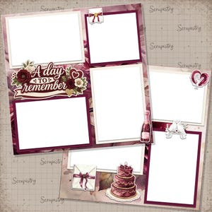 May include: A digital scrapbook page template featuring multiple white photo frames on a dark burgundy floral background. The design includes the text A day to remember, a three-tier cake, a champagne bottle, a sealed envelope, and two white doves.