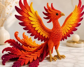 Gehaakt Phoenix-amigurumipatroon, vuurvogel knuffeldier, pdf-zelfstudie gemiddeld