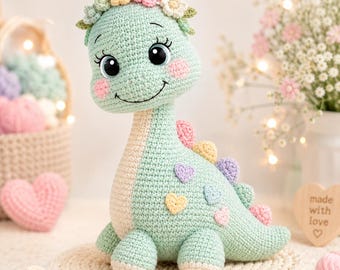 Dinosaurier Häkelanleitung, Blumenkrone Amigurumi Tutorial, Pastell Kawaii Plüschtier (PDF Download)