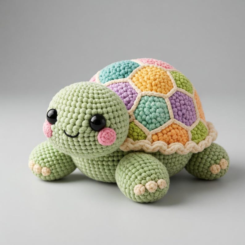 Op de afbeelding: Een handgemaakte gehaakte schildpad met een groene kop en ledematen, en een veelkleurig schild. De schild heeft een patchwork-ontwerp in tinten blauw, geel, oranje en paars. De schildpad heeft zwarte ogen en roze wangen.