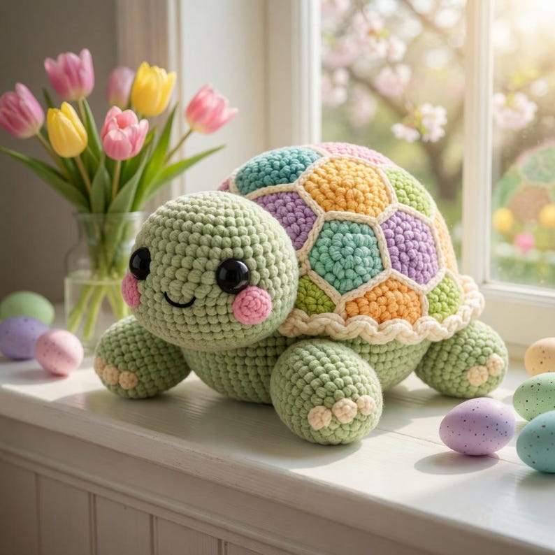 Op de afbeelding: Een gehaakte schildpad met een veelkleurig schild in tinten geel, groen, paars en blauw. De schildpad heeft een lachend gezicht met roze wangen. Het staat op een vensterbank met tulpen en paaseieren.