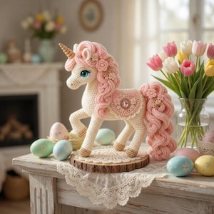 May include: A crocheted unicorn figurine with a cream-colored body, pink mane, and tail. The unicorn has a golden horn and blue eyes. It is decorated with pink flowers and sits on a wooden base. Easter eggs and a bouquet of tulips are nearby.