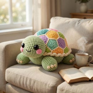 Op de afbeelding: Een gehaakte schildpad knuffel met een groene body en een kleurrijke schild. De schild heeft een patchwork design in tinten blauw, geel, paars en oranje. De schildpad zit op een beige bank.