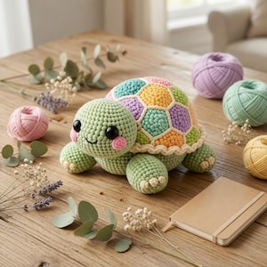Op de afbeelding: Een handgemaakte gehaakte schildpad met een groene kop en ledematen en een kleurrijk schild in tinten blauw, geel, oranje en paars. De schildpad heeft zwarte ogen en roze wangen. Garenballen in roze, paars, groen en geel liggen verspreid rond de schildpad.
