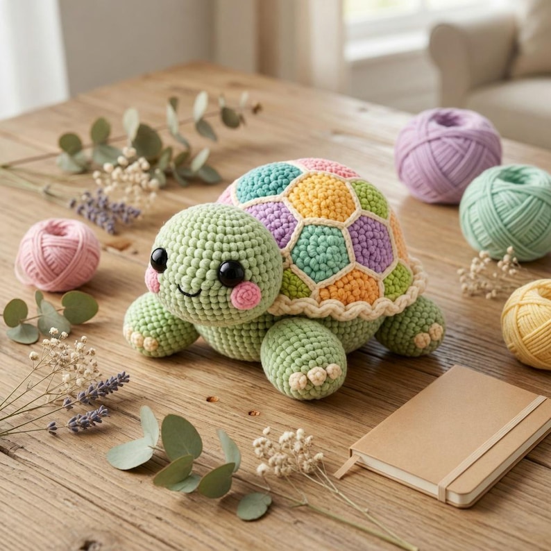 Op de afbeelding: Een handgemaakte gehaakte schildpad met een groene kop en ledematen en een kleurrijk schild in tinten blauw, geel, oranje en paars. De schildpad heeft zwarte ogen en roze wangen. Garenballen in roze, paars, groen en geel liggen verspreid rond de schildpad.