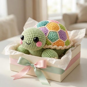 Op de afbeelding: Een gehaakte schildpad met een kleurrijke schild, in een geschenkdoos. De schildpad heeft een groene kop en ledematen, roze wangen en zwarte ogen. Het schild is een patchwork van pastelkleuren. De doos is gebonden met een roze en groene lint.