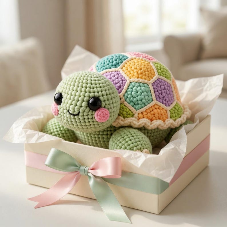 Op de afbeelding: Een gehaakte schildpad met een kleurrijke schild, in een geschenkdoos. De schildpad heeft een groene kop en ledematen, roze wangen en zwarte ogen. Het schild is een patchwork van pastelkleuren. De doos is gebonden met een roze en groene lint.