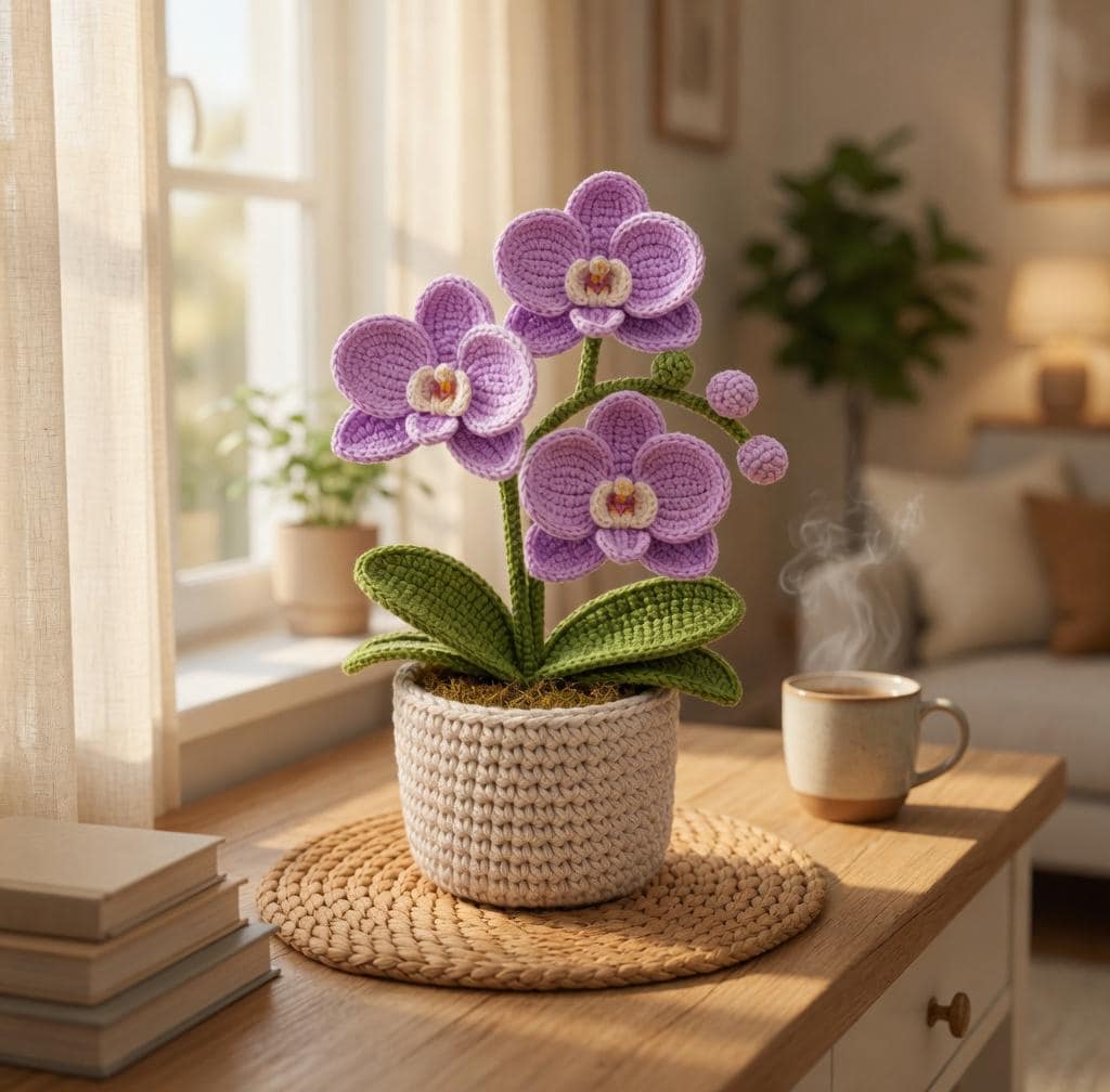 30 Orchid Crochet Patterns to Stitch Elegant Blooms for Home Decor and Gifts 9 Violet Phalaenopsis Orchid in a Detailed Planter