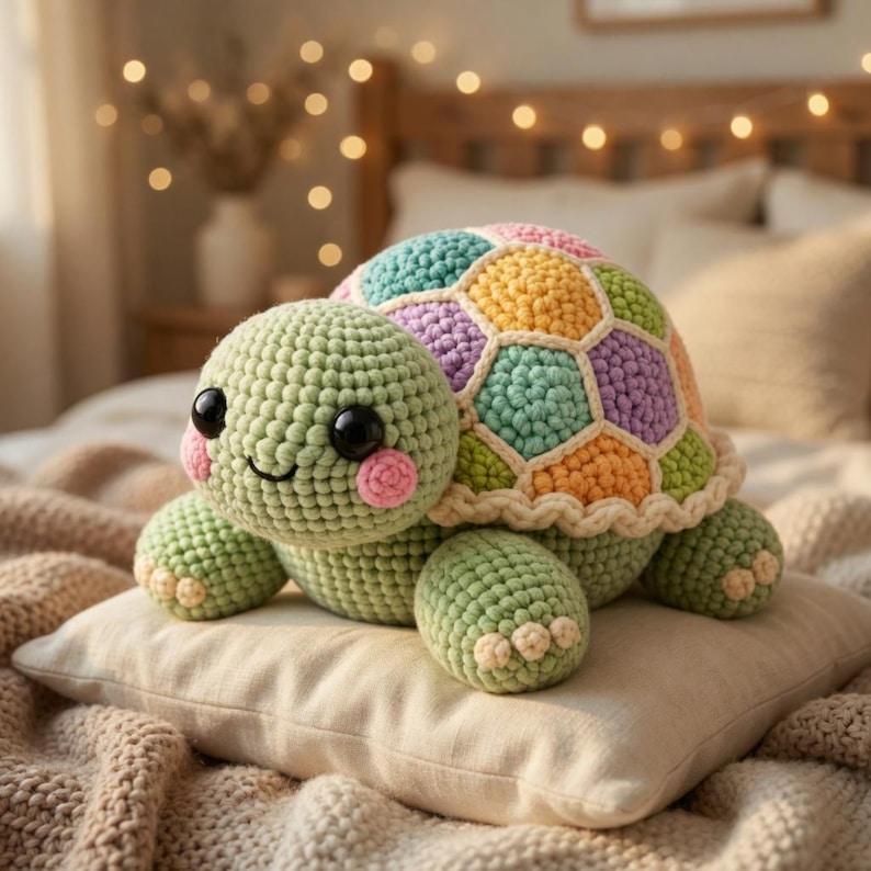 Op de afbeelding: Een handgemaakte gehaakte schildpadknuffel met een groene kop en ledematen en een kleurrijk schild. De schild heeft een patchwork-ontwerp in tinten blauw, geel, paars en oranje. De schildpad heeft zwarte ogen en roze wangen, rustend op een beige kussen.