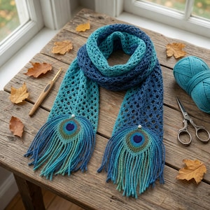 Peacock Scarf Crochet Pattern, Lace Gradient Wrap with Feather Appliques (PDF Download)