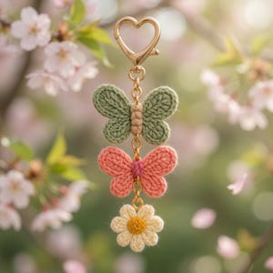 Pode incluir: Um porta-chaves artesanal com um fecho dourado em forma de coração e três pingentes de crochê. Os pingentes incluem duas borboletas em verde e coral e uma margarida com um centro amarelo. O fundo é um foco suave de flores cor-de-rosa.
