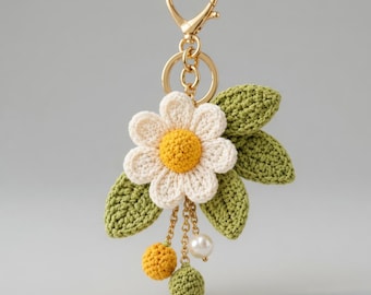 Patroon gehaakte madeliefje sleutelhanger (pdf), amigurumi-bloembedel, bloementasaccessoire (digitale download)