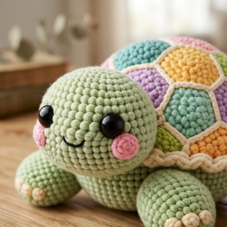 Op de afbeelding: Een handgemaakte gehaakte schildpad in groentinten, met een kleurrijk schild. De schildpad heeft zwarte ogen, roze wangen en een lachende mond. De schildpad heeft een patchwork ontwerp met diverse pastelkleuren.
