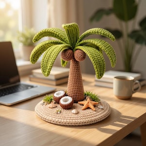May include: A handcrafted crochet palm tree with green fronds, brown trunk, and two coconuts. The tree sits on a beige crocheted island base with a starfish, shells, and miniature plants. A charming tropical decor item.