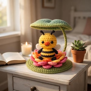 May include: A crocheted bee figurine with a yellow body and black stripes, perched on a colorful flower. The bee has small white wings and is under a green leaf-shaped canopy. The figurine is on a green crocheted base.