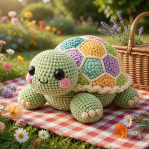 Op de afbeelding: Een gehaakte schildpad met een kleurrijke schild en een lachend gezicht. De schildpad heeft een schild met een patchwork-ontwerp in blauw, geel, paars en groen. Het zit op een rood-wit geruite picknickdeken.