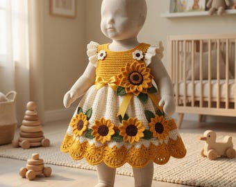 Sonnenblumen Wiese Baby Kleid Häkelanleitung | Zwischen-PDF | 6-12 Monate Mädchen Kleid