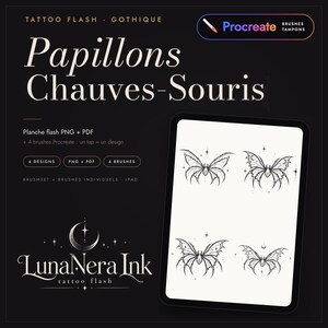 Foglio di flash tattoo: farfalle pipistrello, 4 farfalle gotiche con luna e stella, per disegni sternali e sulla schiena, ombreggiati e stencil, PNG PDF