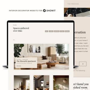 May include: A website interface displayed on a laptop screen for an interior decorator, featuring the text "Spaces gathered over time" and "The Elsworth Apartment" with images of living room interiors, neutral colour palettes, and Showit branding.