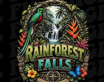 Rainforest Falls PNG, Tropical Waterfall PNG, Exotic Bird Nature Design, Jungle Paradise Travel Digital Download