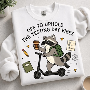 May include: White sweatshirt featuring a raccoon on a scooter, carrying a coffee cup and a backpack. The text reads "OFF TO UPHOLD THE TESTING DAY VIBES". Additional graphics include a pencil, notebook, and a test sheet. The design is printed on a white sweatshirt.