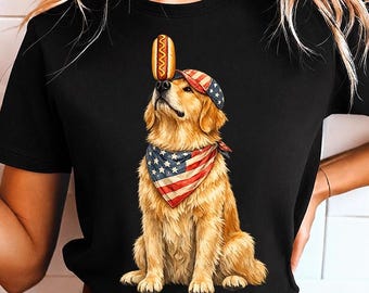 Zabawny hot dog z golden retrieverem w formacie PNG, patriotyczny pies z okazji 4 lipca w formacie PNG, cyfrowa wersja flagi USA z okazji Dnia Niepodległości do pobrania