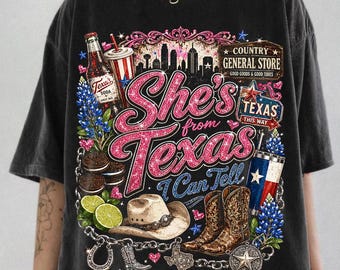 Sie kommt aus Texas, ich kann PNG-Datei, Girly Western Texas Coquette Shirt Design, Bluebonnet Cowboy Boots Collage Digital Download erzählen