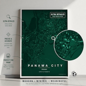 May include: A framed, ultra-detailed map of Panama City in a dark green hue. The map includes a zoomed-in section and text that reads "Panama City, Panama." Additional text highlights the map's precision and high-resolution print quality.
