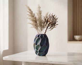 Organic Cell Vase, 3D Printed Sculptural Textured Home Decor, Iridescent Blue Purple Flower Vase